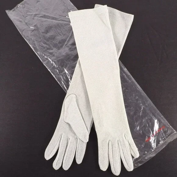 Vintage Womens Opera Gloves Size M Metalic Silver NOS 15 Inch Long Hello 80s - Picture 1 of 9